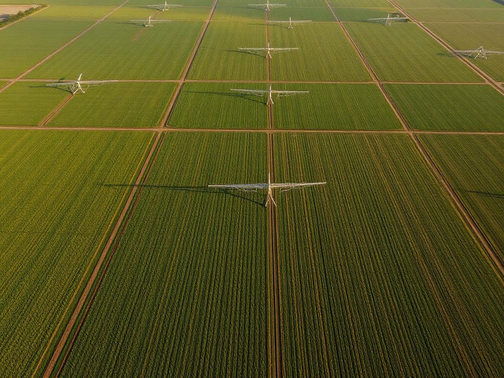 Aerial view of large crop fields with irrigation pivots