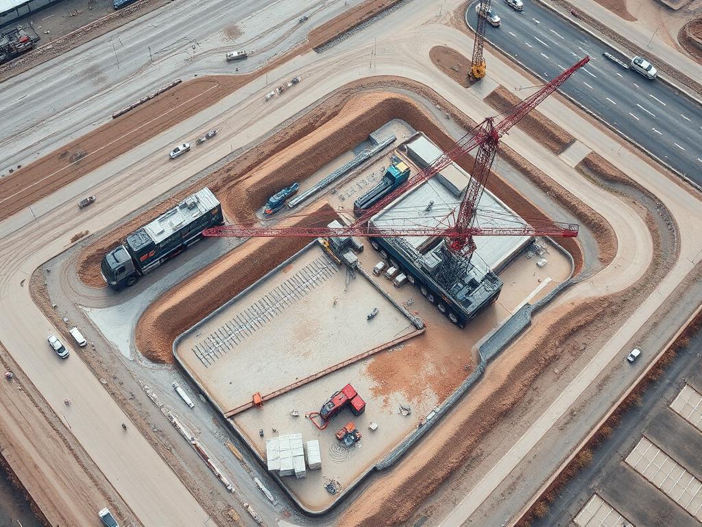 Aerial survey view of a large construction site with cranes and earthworks