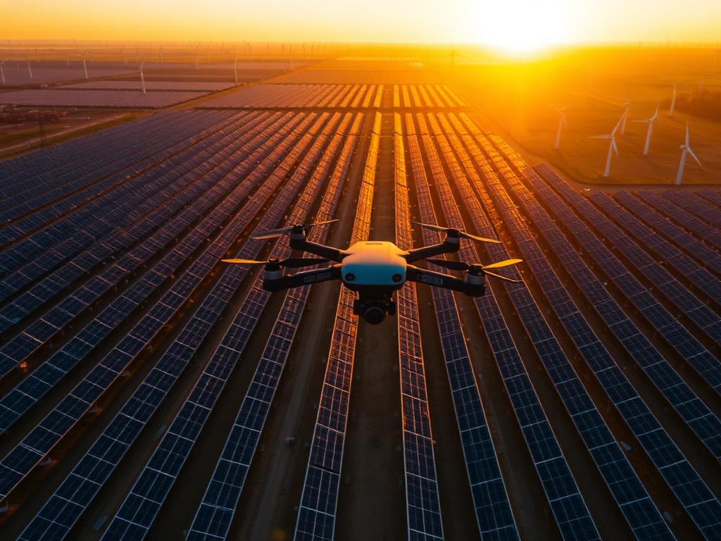 Aerial view of a large solar farm and wind turbines surveyed by drone