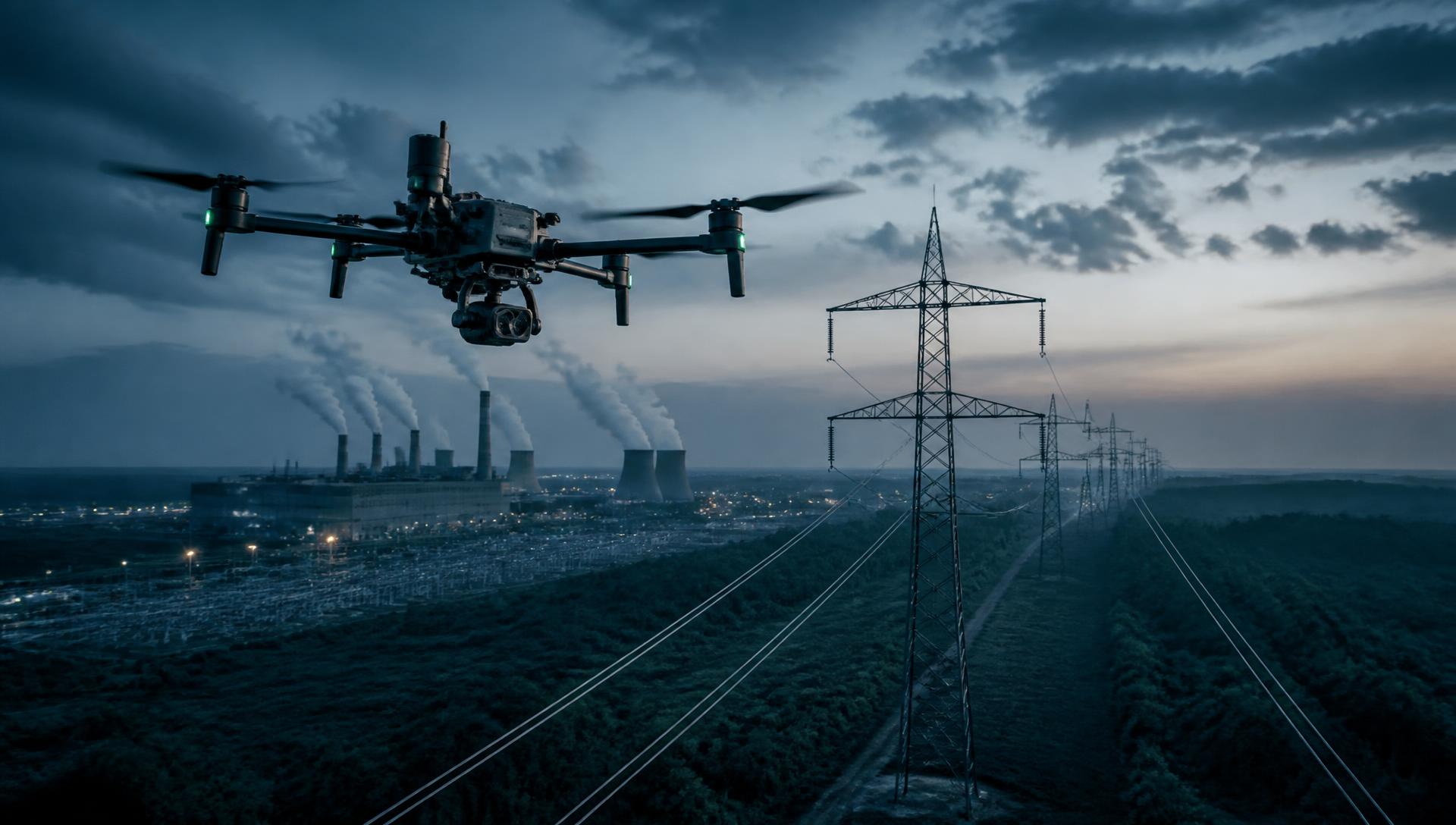Enterprise inspection drone flying along a high-voltage transmission corridor at dusk