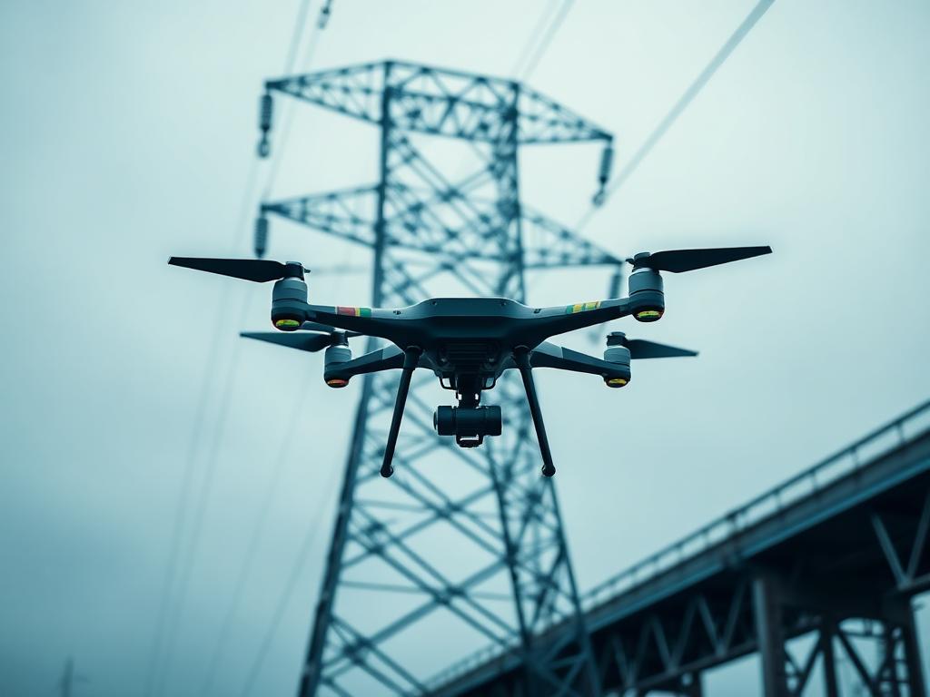 Inspection drone flying near a steel transmission tower and bridge structure