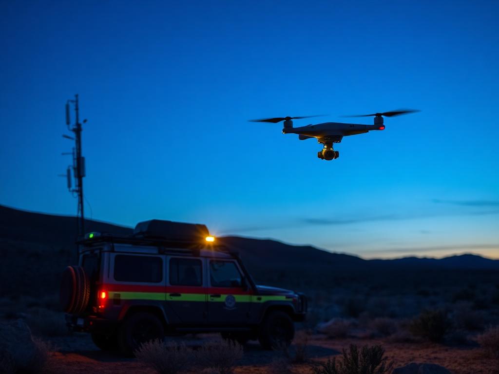 Emergency response vehicle and drone operating in remote terrain at dusk