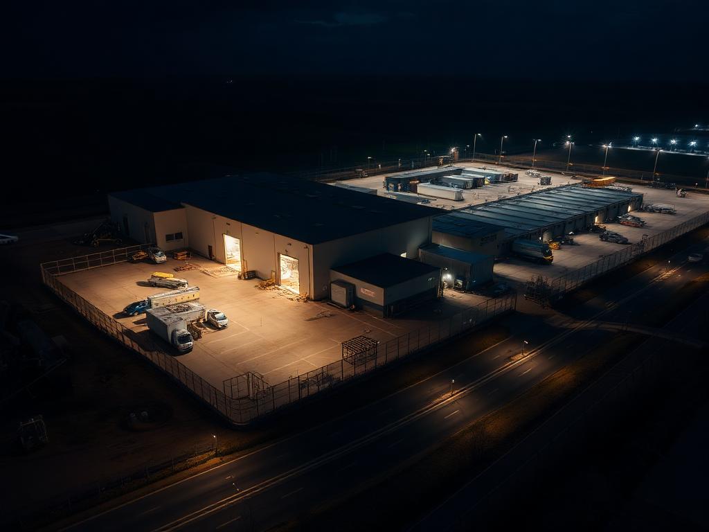 Night aerial view of a secured industrial logistics facility perimeter
